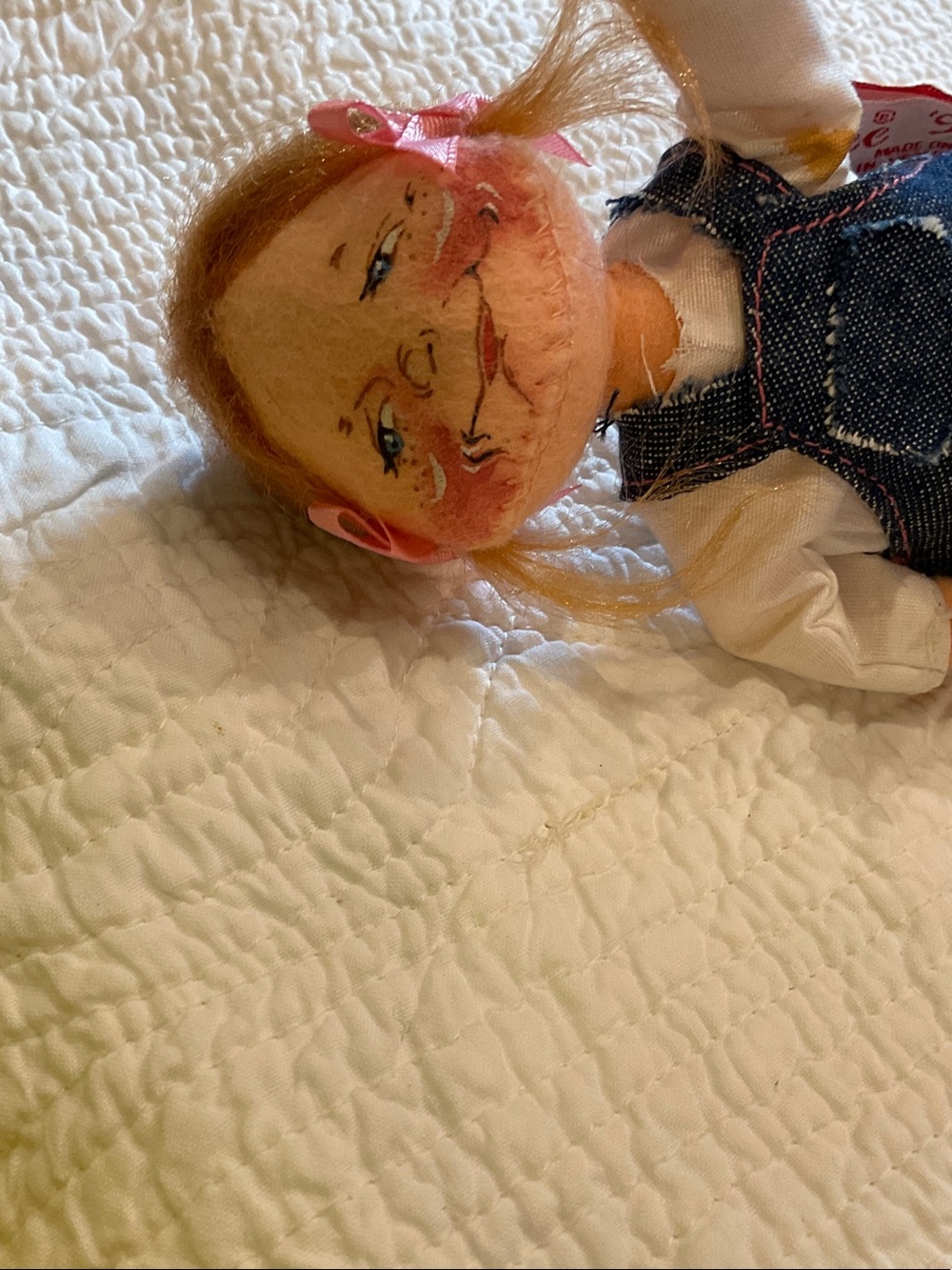Annalee Doll with Pink Bows, Blonde Hair and Denim Dress